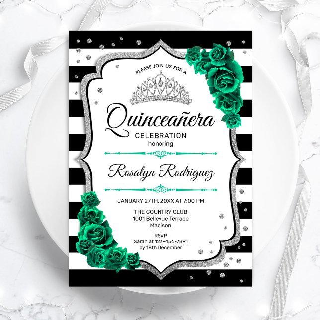Convites Emerald Green Silver White Quinceanera (Criador carregado)