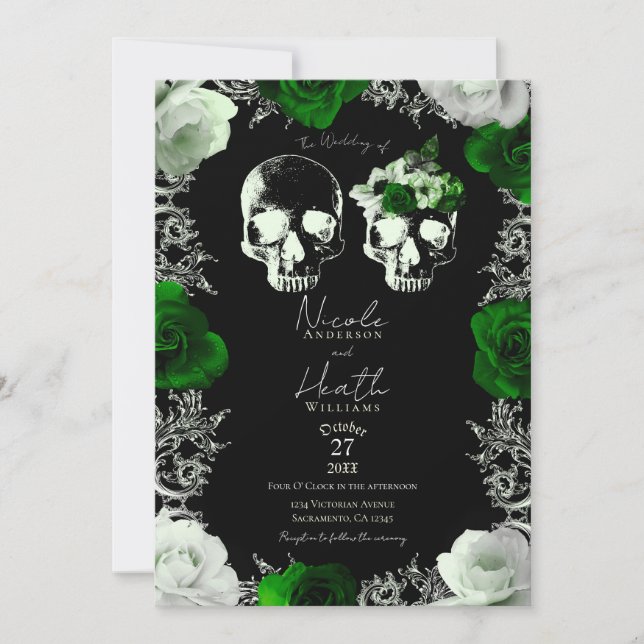Convites Emerald Green Skeleton Skull Rosas Casamento Gótic (Frente)