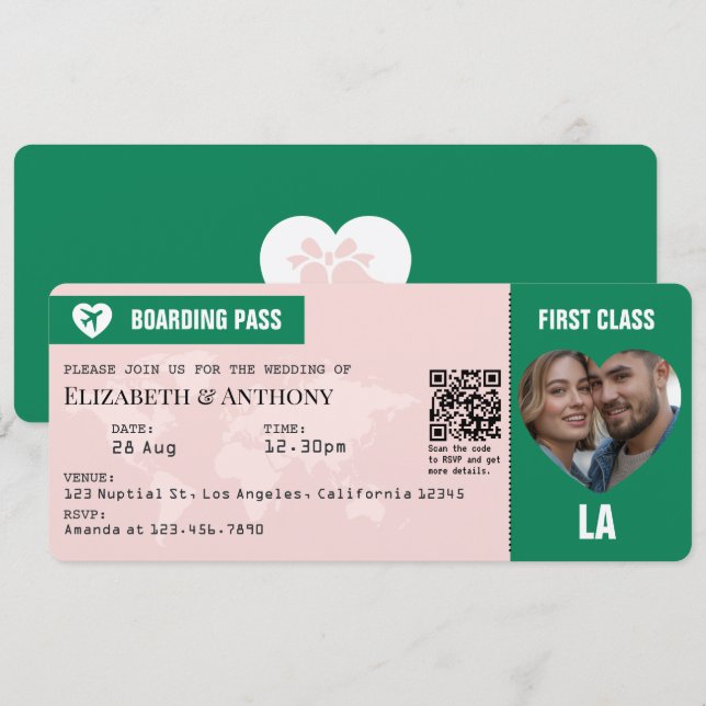 Convites Emerald Green & Soft Blush Boarding Pass Wedding (Frente/Verso)