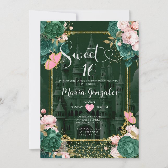 Convites Emerald Green Sweet 16 Girl Floral Festa de aniver (Frente)