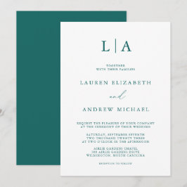 Convites Emerald Green Teal Monograma Casamento Minimalista