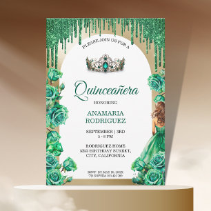 Convites Emerald Green Tiara Quinceañera Rosas Arco Floral