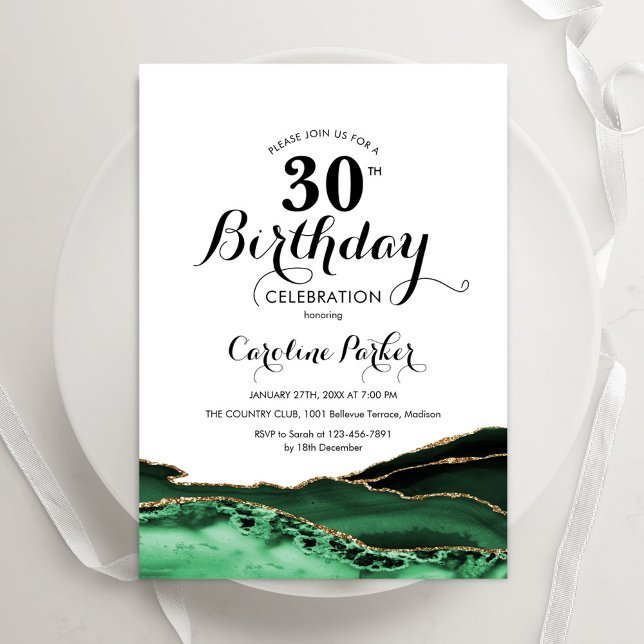 Convites Emerald Green White Agate aniversário de 30 anos (Criador carregado)