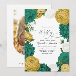 Convites Emerald Green, White & Gold Floral Wedding