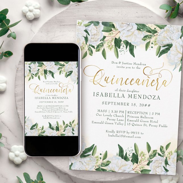 Convites Emerald Green White Peony Quinceanera e Massachuse (Quinceanera Invite with Church Blessing from my Emerald Greenery and White Peony Collection)