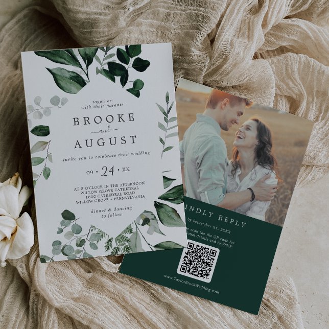 Convites Emerald Greenery Foto QR Code Back Wedding (Criador carregado)