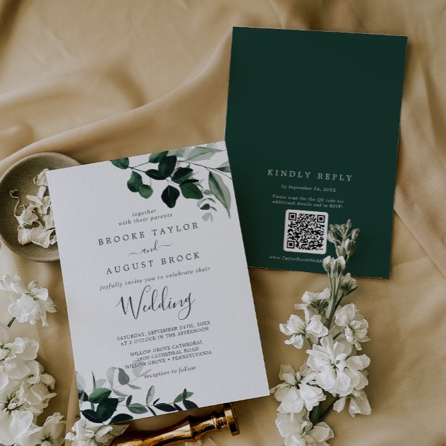 Convites Emerald Greenery Moody deixa código QR Casamento R (Emerald Greenery Moody Leaves QR Code RSVP Wedding Invitation)