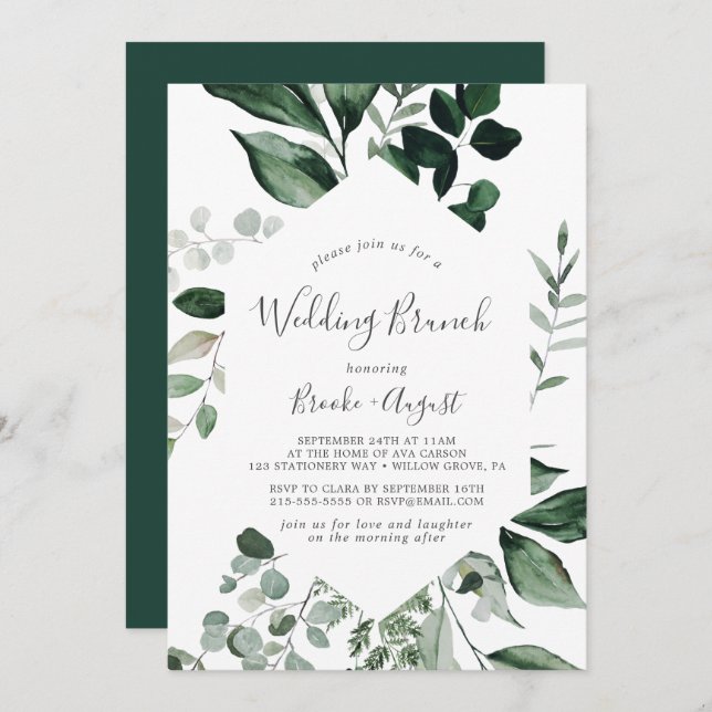 Convites Emerald Greenery Wedding Brunch (Frente/Verso)