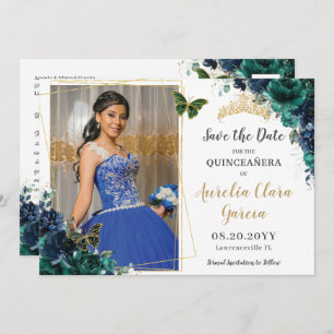 Convites Emerald Marinho Floral Quinceañera Pic Salve a Dat