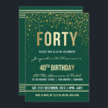 Convites Emerald | Partido Confetti aniversário de 40 anos<br><div class="desc">Emerald | Convites de festas de Confetti Dourados. Este convite de aniversário formal, elegante, moderno, de quadragésimo é adequado para homens ou mulheres. Inclui linhas limpas de ouro, guião gótica em maiúsculas e na moda e texto sofisticado de folha de ouro falsa num fundo verde esmeralda com chás de espumantes,...</div>