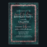 Convites Emerald Rosa Dourado Confetti Sweet 16<br><div class="desc">O elegante, glamouroso e moderno convite de aniversário de dezesseis anos é perfeito para o evento contemporâneo e na moda. Ele apresenta uma borda de confete brilhante brilhante brilhante, cor de rosa rosa rosa, falsa, impressa em cima de um fundo de cor d'água verde esmeralda artística. O verso exibe a...</div>
