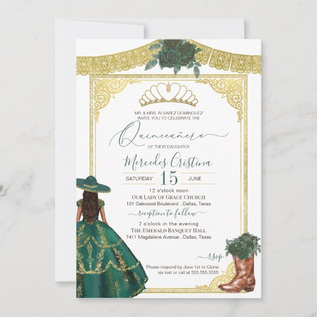 Convites Emerald Rosa Elegante Western Charro Quinceanera (Frente)