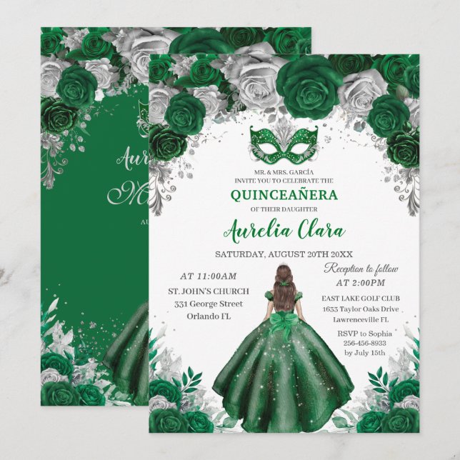 Convites Emerald Silver Floral Mascarada Ball Quinceañera (Frente/Verso)