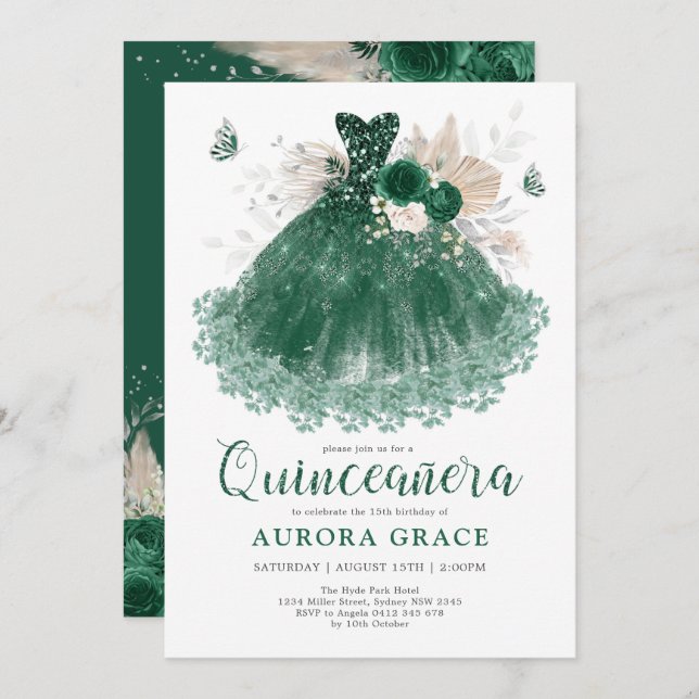 Convites Emerald Silver Flower Quinceañera Mis Quince Anos (Frente/Verso)