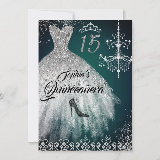Convites Emerald Silver Sparkle Diamond Dress Quinceanera (Frente)