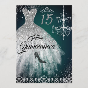 Convites Emerald Silver Sparkle Diamond Dress Quinceanera
