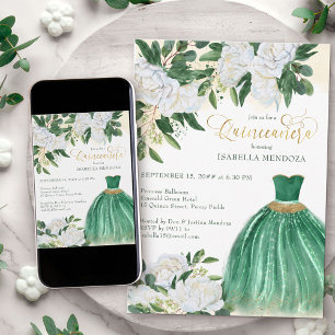 Convites Emerald Verde Branco Peônia Princesa Quinceanera