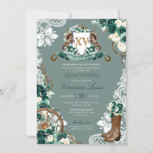 Convites Emerald Verde Crista Floral Charro Quinceanera Inv