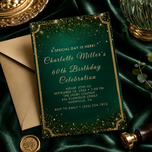 Convites Emerald Verde & Dourado Brilho 60º Aniversário (Criador carregado)