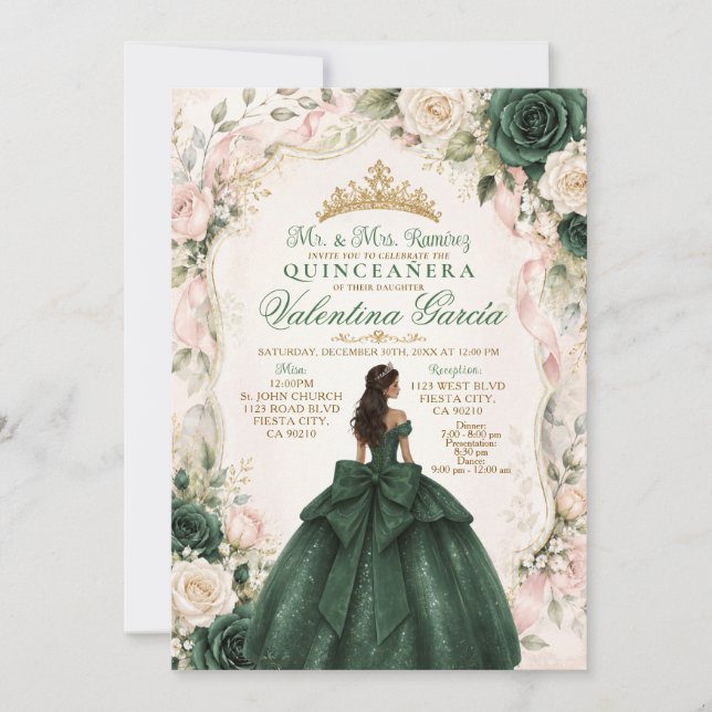 Convites Emerald Verde e Rosa Bege Quinceañera (Frente)