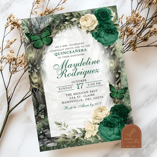 Convites Emerald Verde Fantástico Quinceanera Floresta (Criador carregado)