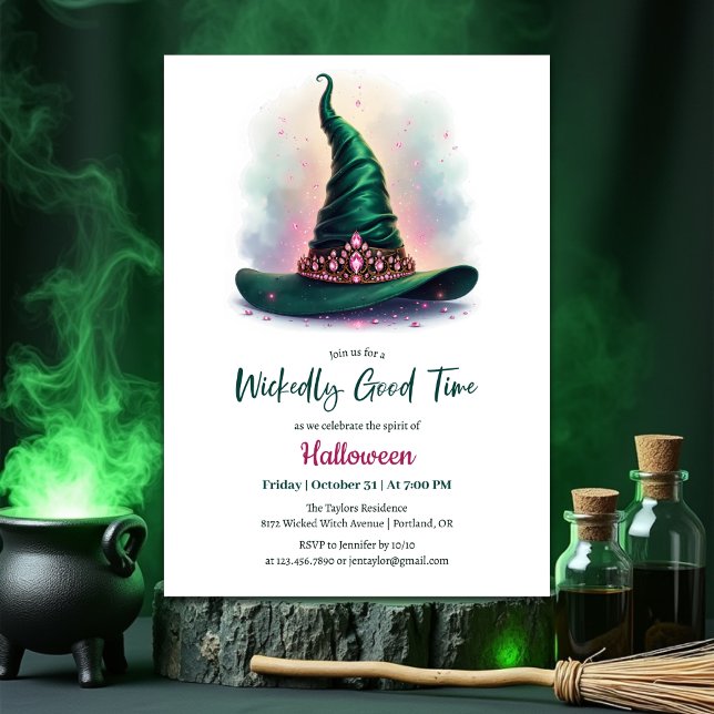 Convites Emerald Witch Hat Wicktly Good Time Halloween (Wickedly Good Time Halloween Party Invitation – Emerald Witch Hat & Pink Jewels)