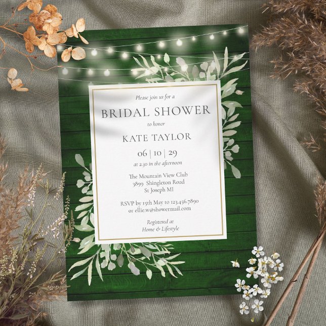 Convites Emerald Wood String Luz Chá de panela Verde (Emerald Wood String Lights Greenery Bridal Shower Invitation)