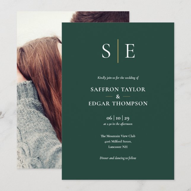 Convites Emeralda Verde e Dourado Monograma Foto Casamento (Frente/Verso)