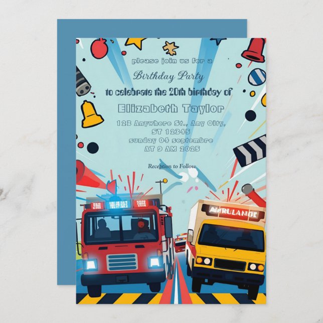 Convites Emergency Vehicles party  invitation    (Frente/Verso)