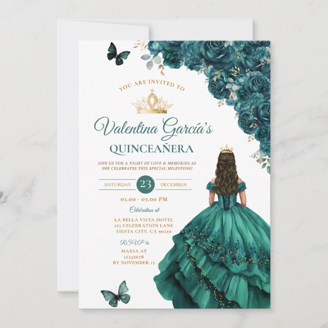 Convites Emerland Green Dress Quinceañera 15 Anos Gold (Frente)