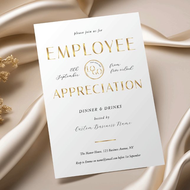 Convites Employee Appreciation White & Gold Logo Business (Criador carregado)