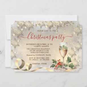 Convites Empresa Champagne Holly Berry Gold Snowflakes