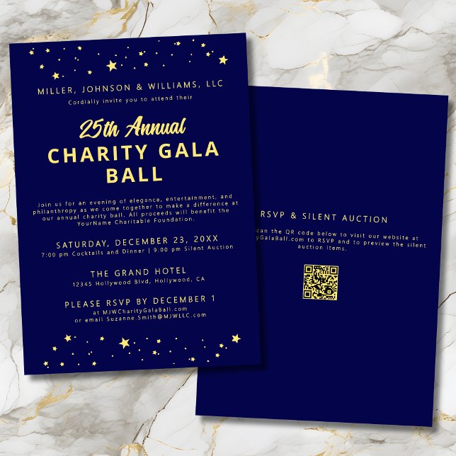 Convites Empresa Character Gala Ball Fundraiser Azul Dourad (Company Charity Gala Ball Silent Auction Fundraiser Navy Blue & Gold Invitation with QR Code, Stars.)