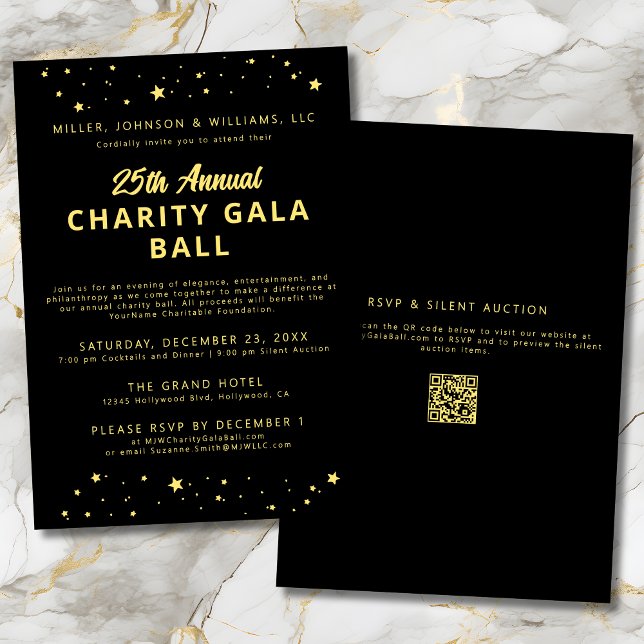 Convites Empresa Character Gala Ball Fundraiser Black Doura (Company Charity Gala Ball Silent Auction Fundraiser Black and Gold Invitation with QR Code, Stars.)