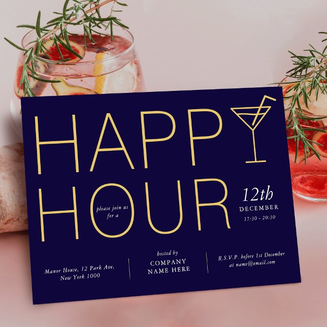 Convites Empresa de Apreciação de Cliente da Hora Feliz do  (Modern Happy Hour Client Appreciation Business Invitation in navy blue and gold colors)