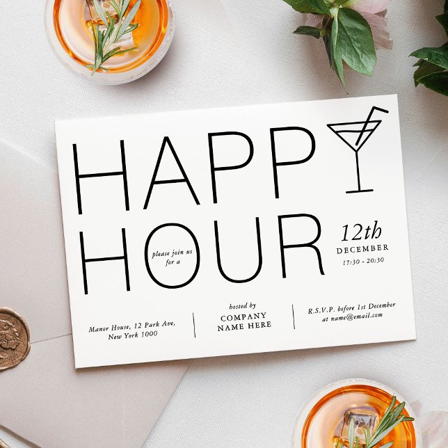 Convites Empresa de Apreciação de Cliente em Horário Feliz  (Minimalist Happy Hour Client Appreciation Business Invitation in black and white)