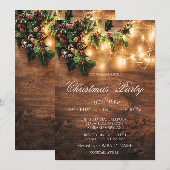 Convites Empresa de Natal de Madeira, Luzes de Corda, Azevi (Frente/Verso)