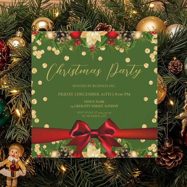 Convites Empresa Dourada de natal com brilho verde (Gold Green Ribbon Glitter Christmas Corporate Invitation)