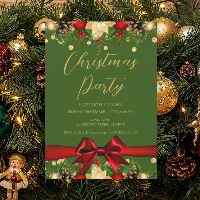 Convites Empresa Dourada de natal com brilho verde (Gold Green Ribbon Glitter Christmas Corporate Invitation)