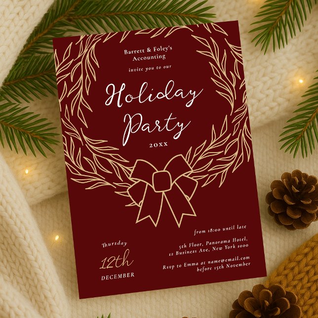 Convites Empresa Feriado Festa Vermelha e Dourada Terra de  (Modern minimal greenery wreath Business Holiday Party Invitation in red and gold)