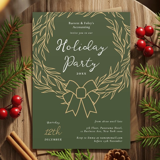 Convites Empresa Feriado Partido Verde e Dourado Terras (Modern minimal greenery wreath Business Holiday Party Invitation in green and gold)