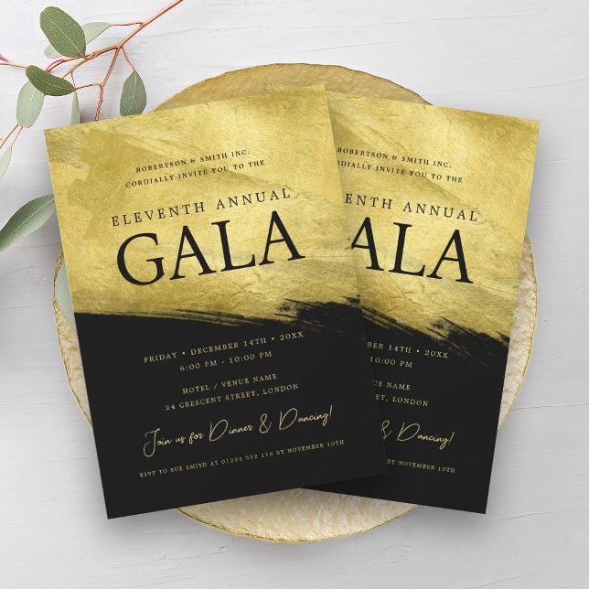 Convites Empresa GALA Dourada Pincel Negro (Elegant GALA Company Business Gold Brush Black Invitation)