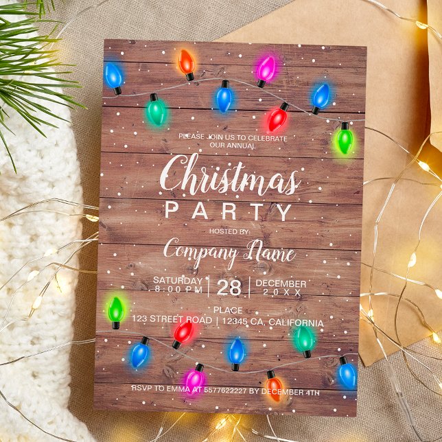 Convites Empresas de lenha (Christmas lights brown wood business corporate invitation)