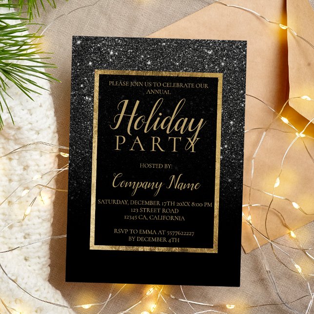 Convites Empresas de ouro para relâmpagos a preto Natal (Black glitter gold business corporate Christmas Invitation)