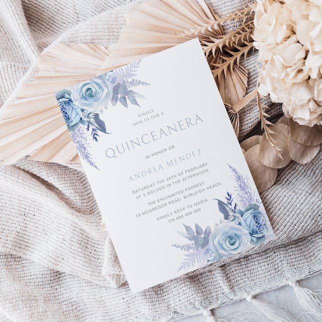 Convites Encantada Dusty Blue Linda Quinceanera Floral (Criador carregado)