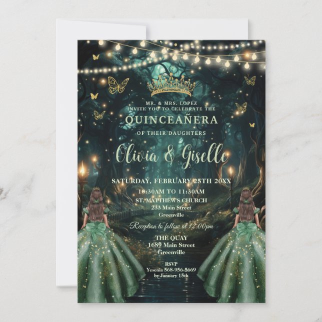 Convites Encantada Floresta Emerald Green Twins Quinceañera (Frente)
