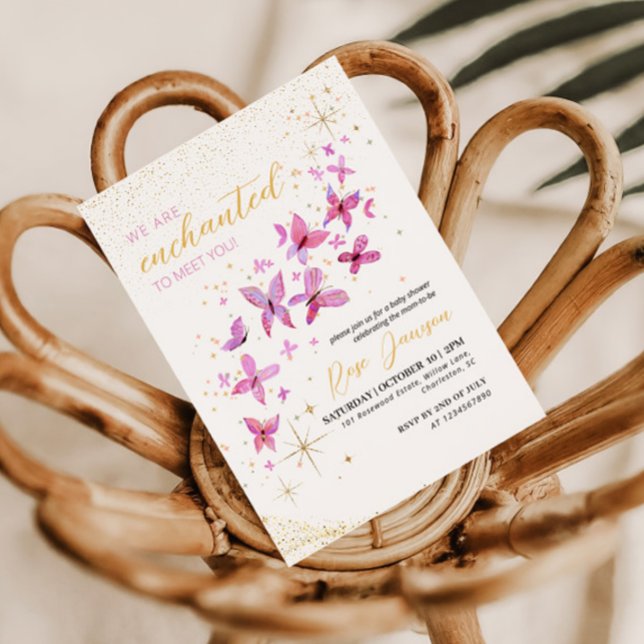 Convites Encantado em Conhecê-la Chuvinha de Bebê Borboleta (Magical pink and gold glitter baby shower invitation design for our mom to be and her little girl)
