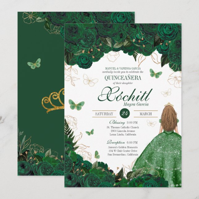 Convites Encantado Jardim Emerald Green Quinceanera (Frente/Verso)