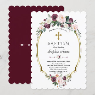 Convites Encantador Burgundy Blush Floral Baptism Dourado