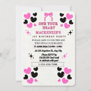 CONVITES ENCANTADOR PINK BLACK HEARTS FLAT 5X7 ANIVERSÁRIO